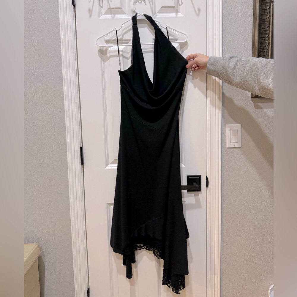 Black Dress - Scoop neck, lace trim, halter, asymmetrical hem